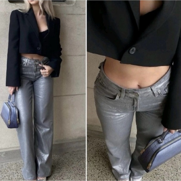 EUC Zara Metallic Gray Coated Wide Leg Jeans On Trend! - Picture 4 of 11